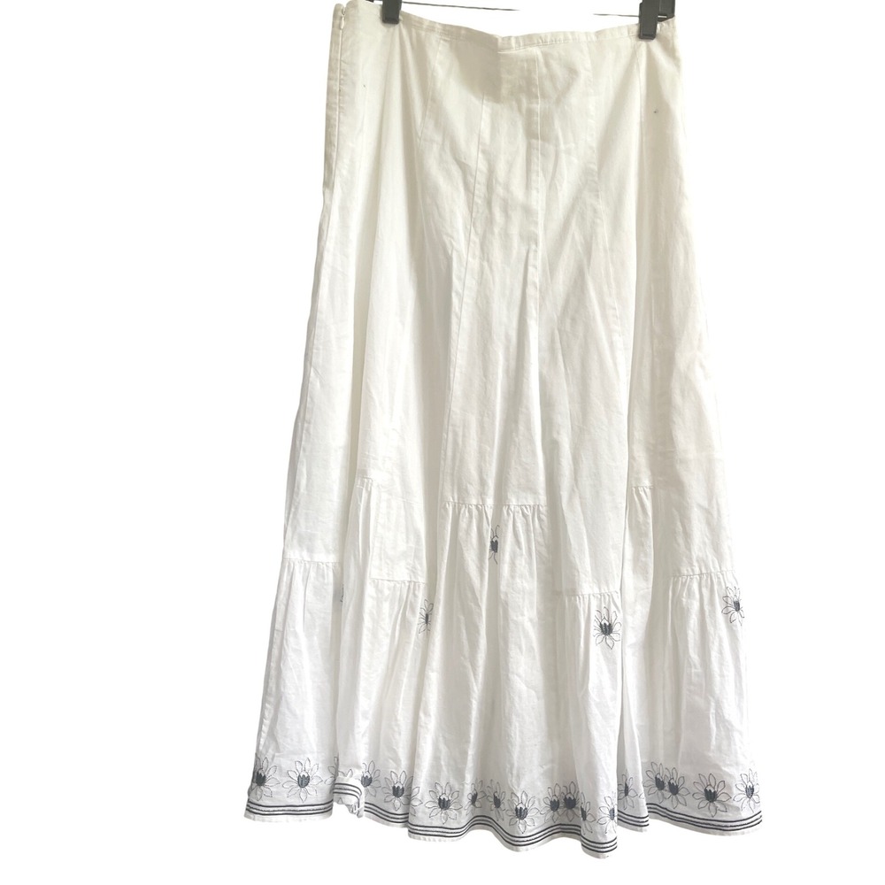 Sundance White Cotton Maxi Skirt‎ With Embroidered Lotus Flowers 10